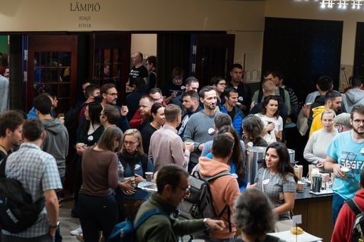A crowd in the foyer